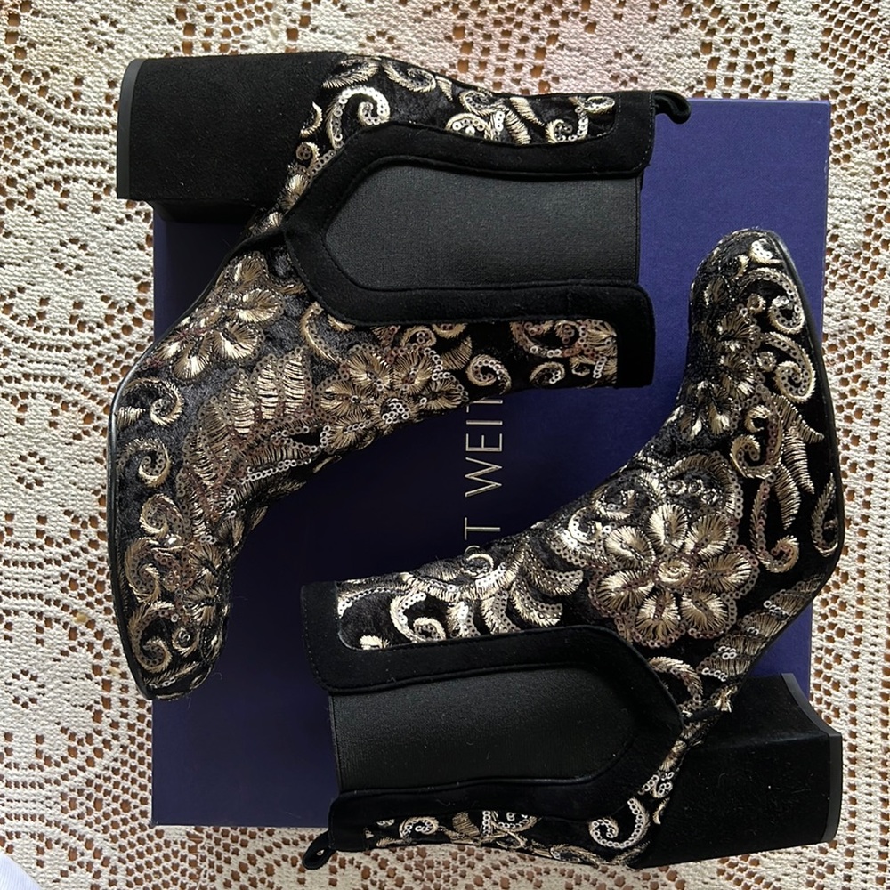 Stuart Weitzman embroidered black velvet block heel ankle boots